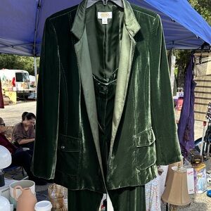 Talbots Olive Green velvet Blazer and wide leg pant suit set